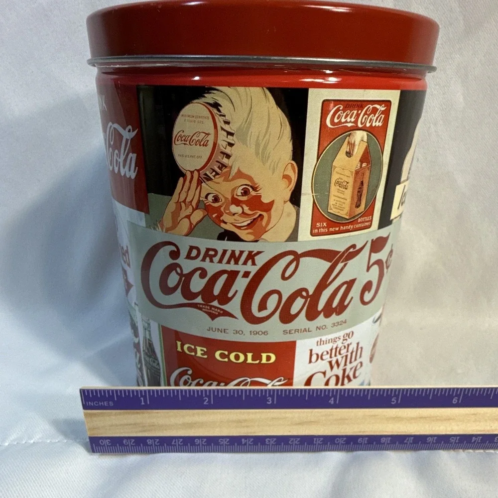 Coca-Cola Vintage Ads Collage Tin Canister w/ Lid, Red Multicolor Soda Repro